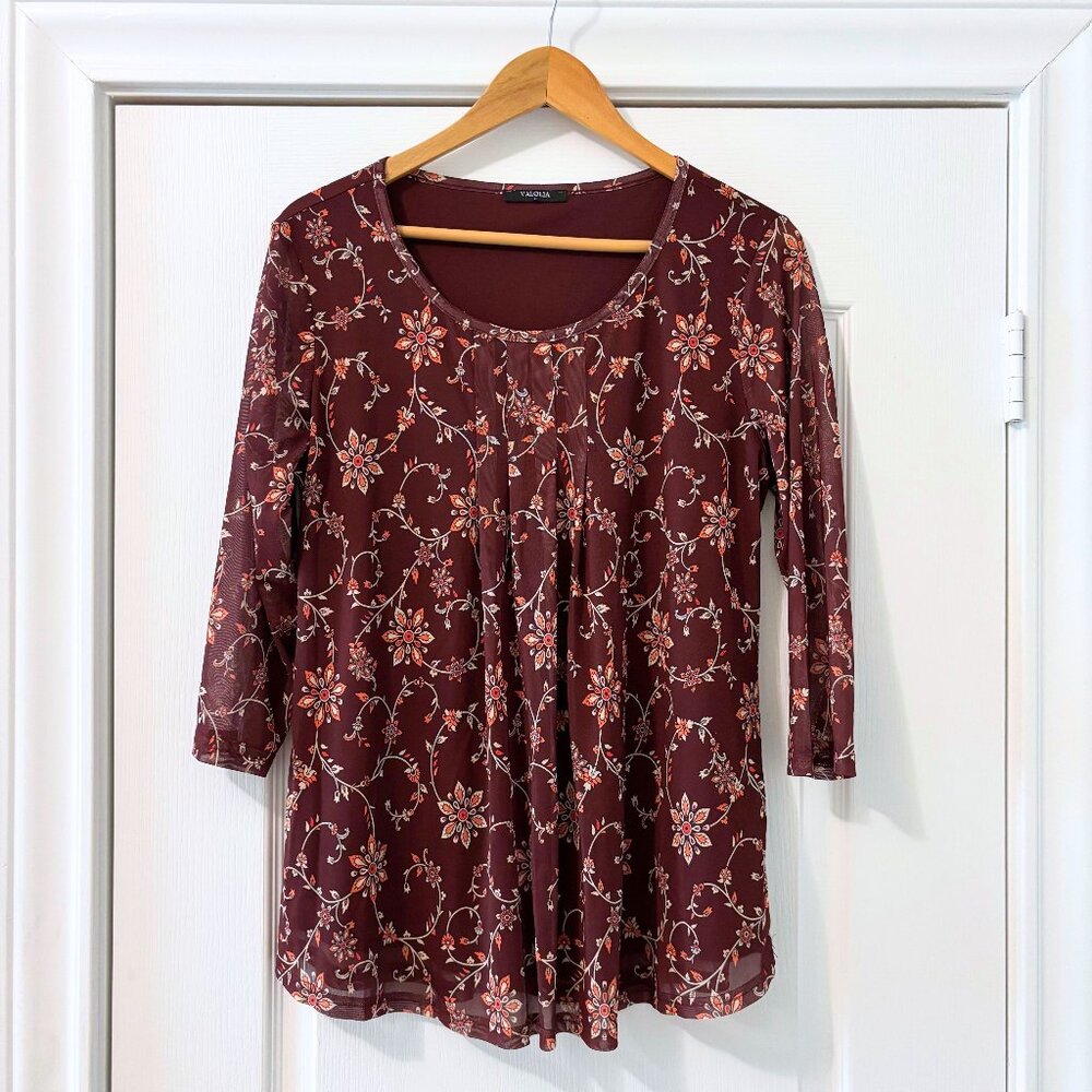 Valolia Burgundy Floral Casual Work Blouse | L